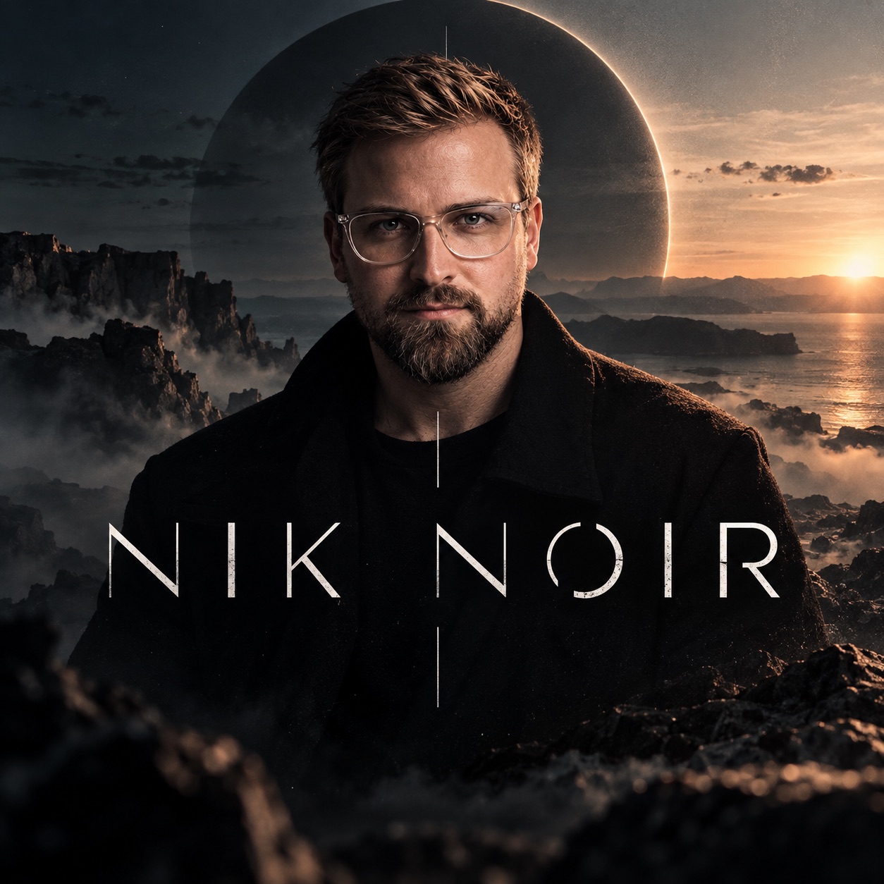 Portrait of NIK NOIR in front of an eclipse over a rocky coastline